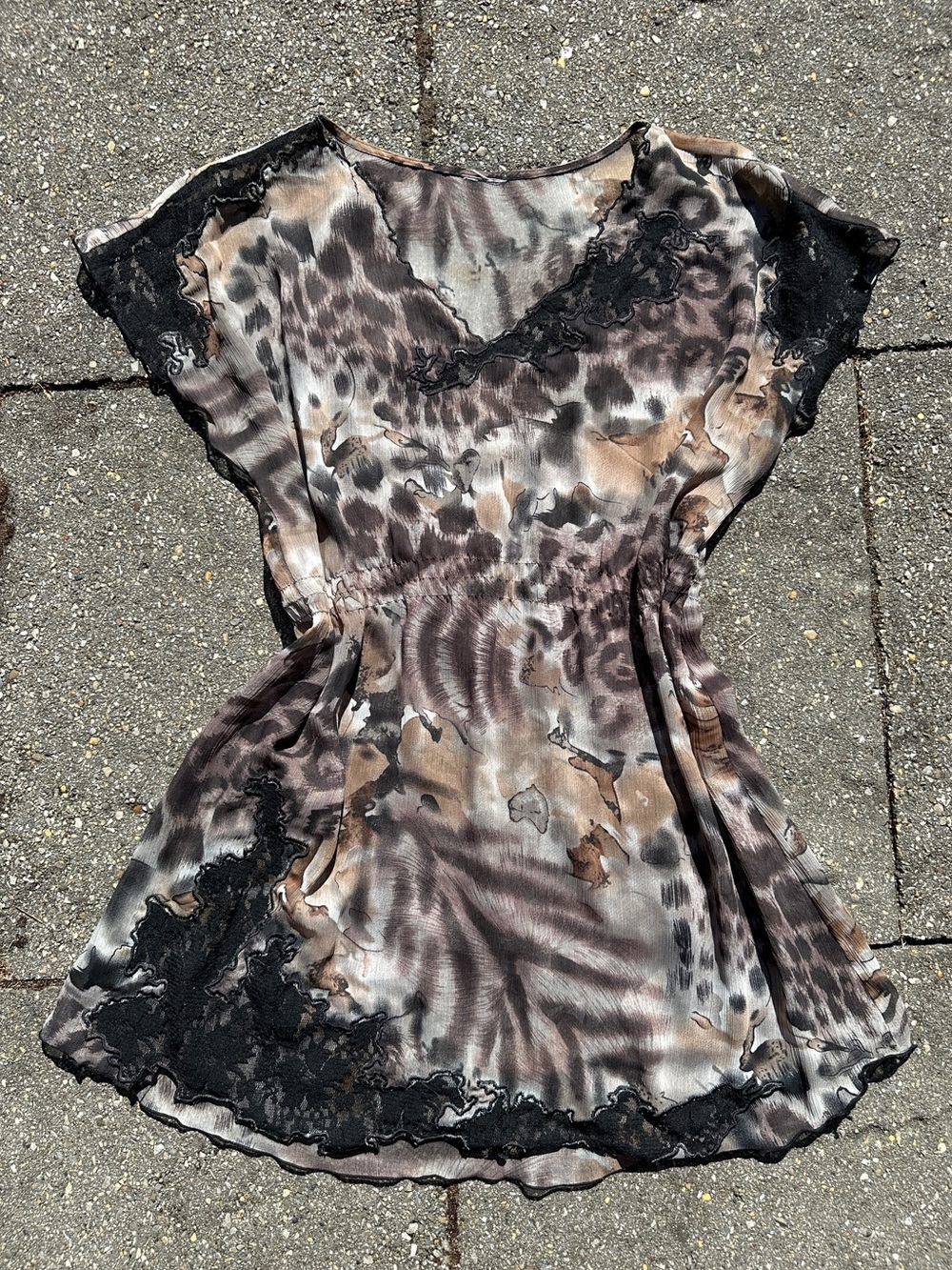Vintage Y2K Sheer Leopard Lace Trim Tunic Top Fits M